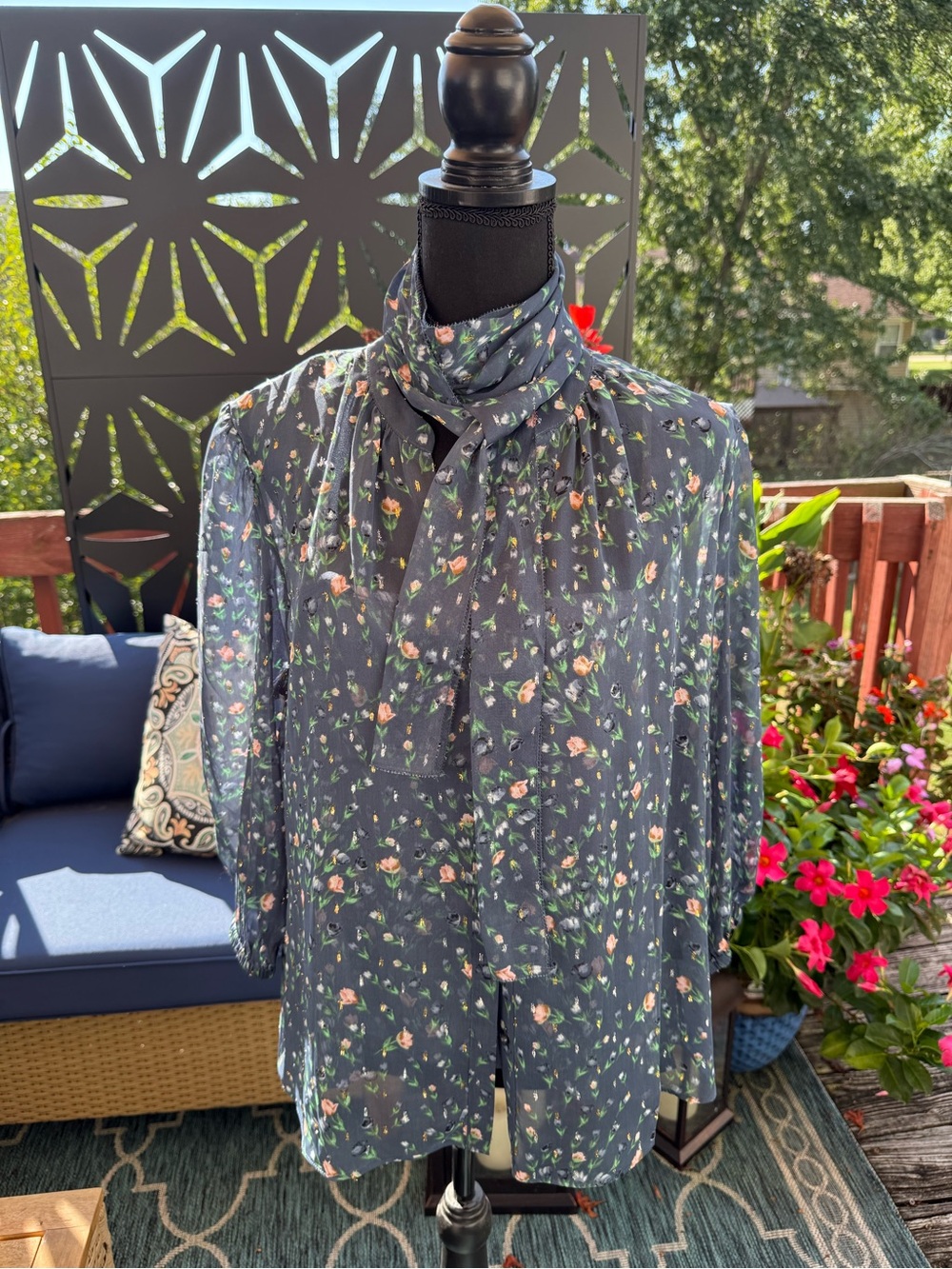 White House Black Market Navy Floral Tie-Neck Blouse